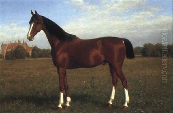 A Thoroughbred In Front Of Gammel Estrup Oil Painting by Carl Henrik Bogh