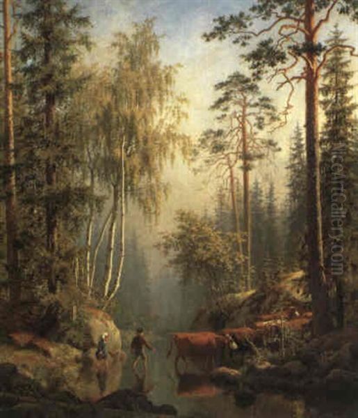 Kuhherde Am Waldbach Oil Painting by Carl Henrik Bogh