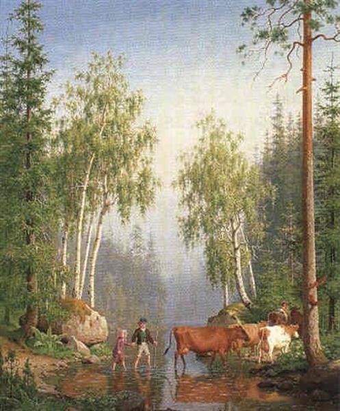 Sydsvensk Skovparti Med Vogterdreng Og Lille Pige Der Forer Koerne Over Et Vandlob Oil Painting by Carl Henrik Bogh