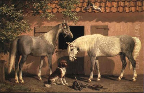 To Heste Og Hund Ved En Stalddor Oil Painting by Carl Henrik Bogh