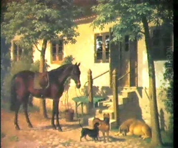 En Opsadlet Hest Og Tre Hunde Ved Trappen Til En            Skovriderbolig Oil Painting by Carl Henrik Bogh