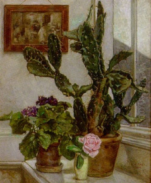 Kaktus, Rose Og Potteplante I Vindueskarm Oil Painting by Elnar V. Boegh