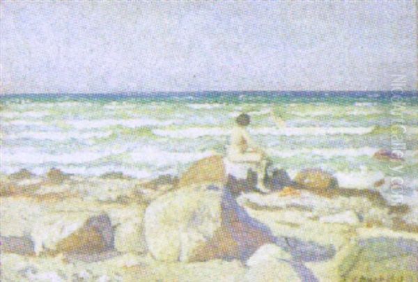 Nogen Kvinde Pa Stor Sten Ved Havet Oil Painting by Elnar V. Boegh