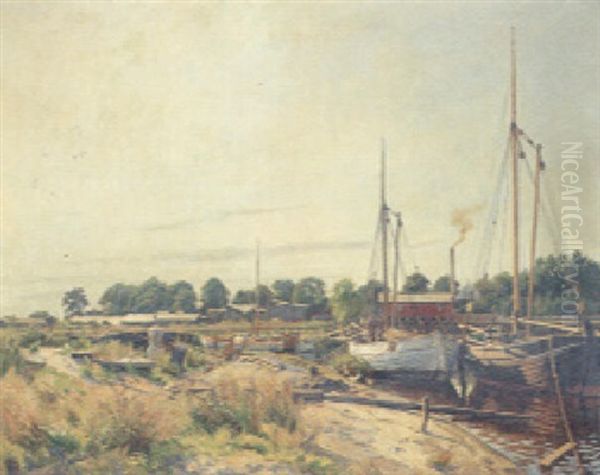 Fishing Boats Moored On A River Bank Oil Painting by Elnar V. Boegh