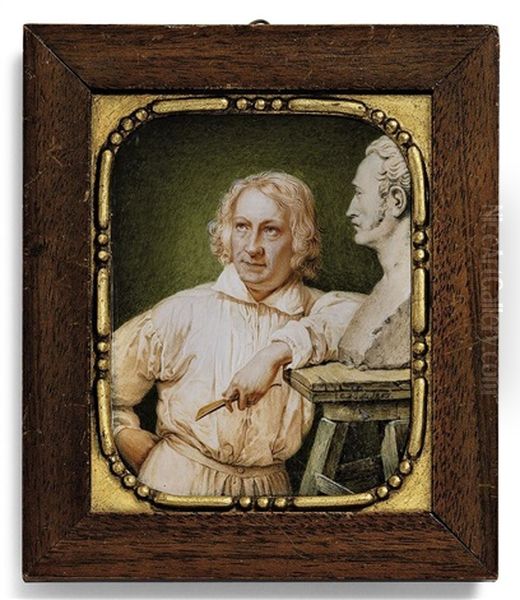 Sculptor Bertel Thorvaldsen In White Smock, Holding A Chisel, Leaning Against A Wooden Table Set With A Bust Of Horace Vernet (after Horace Vernet) Oil Painting by Jens Christian Boegh