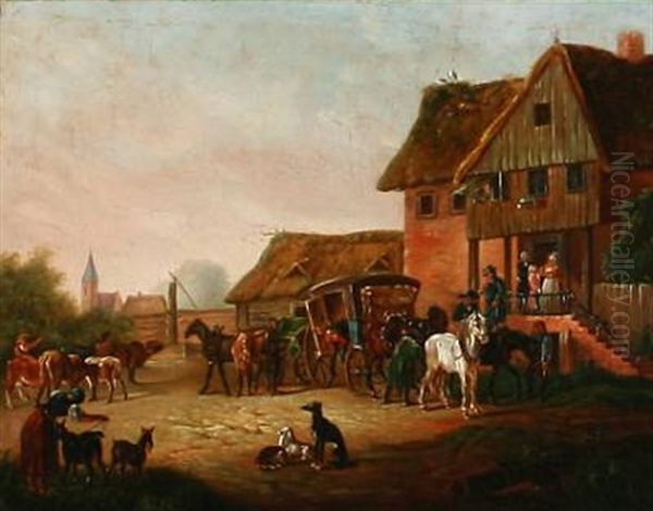 Street Life In Front Of An Inn Oil Painting by Ole Mathiasen Bogh