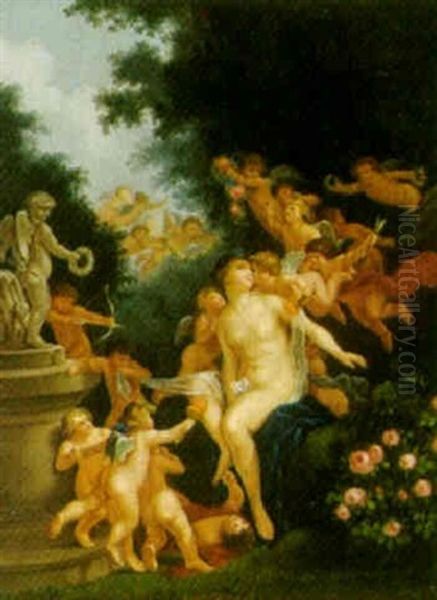 Siddende Kvinde Omgivet Af Putti Ved En Fontaine Oil Painting by Ole Mathiasen Bogh