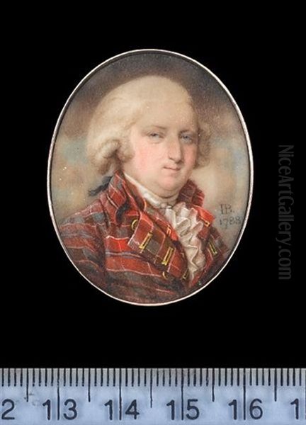 A Gentleman, Wearing Tartan Coat With Gold Embroidered Button Holes, Matching Waistcoat, Frilled White Chemise, Tied Stock And Powdered Wig With Ribbon Bow Oil Painting by John Bogle