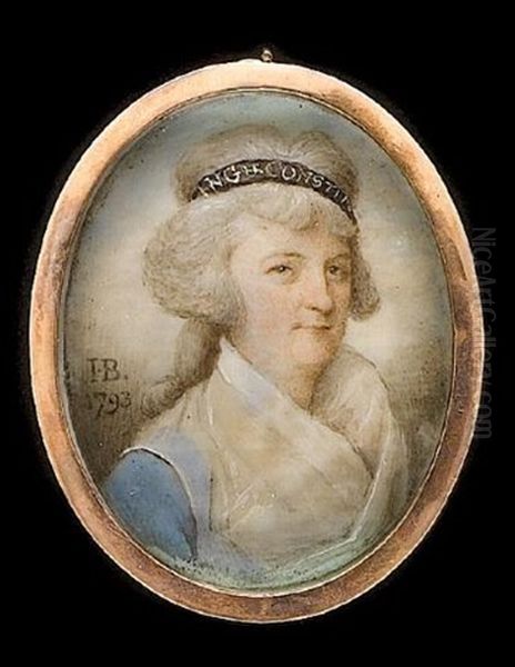 A Lady, Wearing Blue Dress With White Fichu, Her Hair Powdered And Upswept Beneath A Blue Bandeau Bearing Inscription King And Constitution Oil Painting by John Bogle