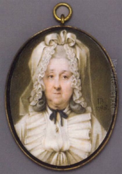 A Lady In White Dress With Pleated Collar, Gold Tie-pin, Black Ribbon Choker Tied In A Bow, Lace Headdress In Her Upswept And Powdered Hair Oil Painting by John Bogle