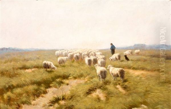 Herder Met Hond En Schaapskudde Oil Painting by Herman Bogman I