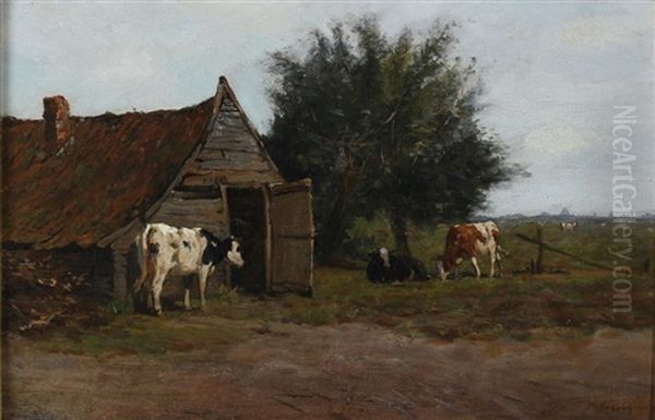 Koeien Bij De Schuur Oil Painting by Herman Bogman I