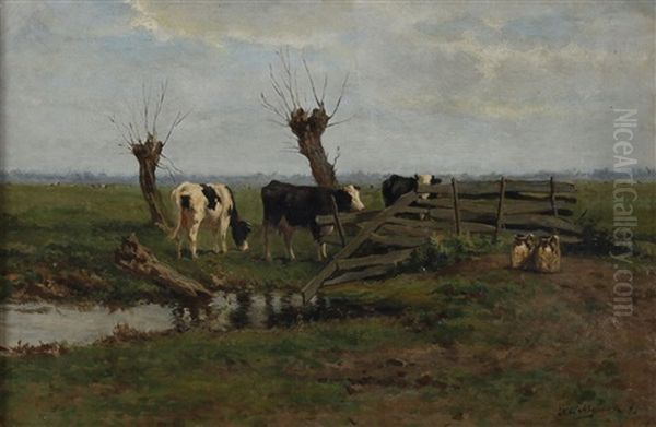 Weiland Met Koeien Achter Een Hek Oil Painting by Herman Bogman I