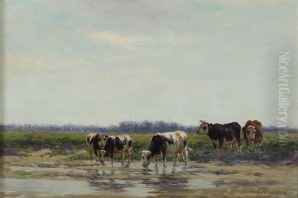 Vijf Koeien Bij De Waterkant Oil Painting by Herman Bogman I