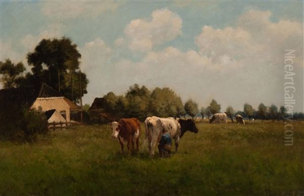 Milking Of The Cows In A Meadow Oil Painting by Herman Bogman I