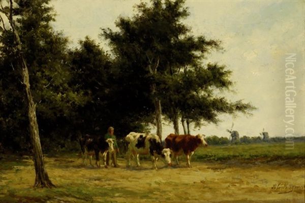 Farmer With Three Cows On A Road Oil Painting by Herman Bogman I