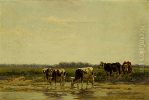 Cows By The Water's Edge Oil Painting by Herman Bogman I