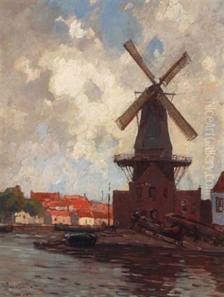 Mill De Adriaan In Haarlem Oil Painting by Herman Bogman I