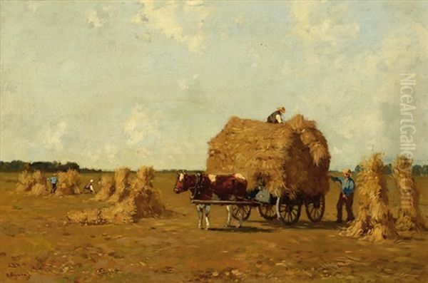 Haymaking Farmers With A Horse And Cart Oil Painting by Herman Bogman I