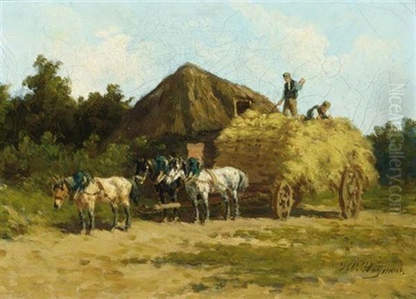 Unloading The Haywagon Oil Painting by Herman Bogman I