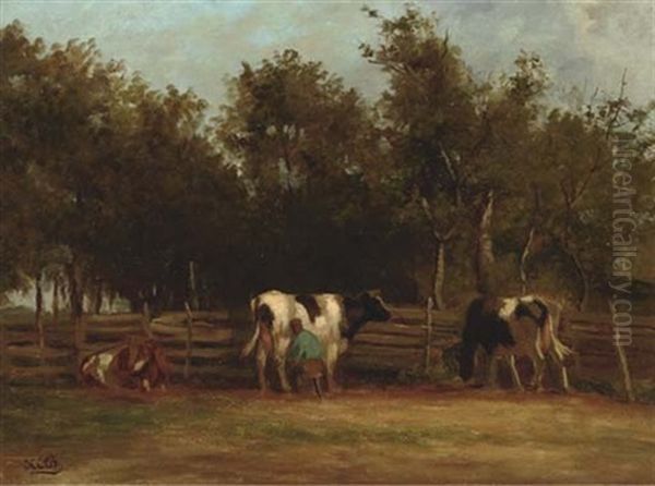 Milking Time Oil Painting by Herman Bogman I