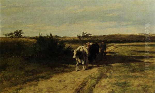 A Peasant With His Cattle On A Country Road Oil Painting by Herman Bogman I