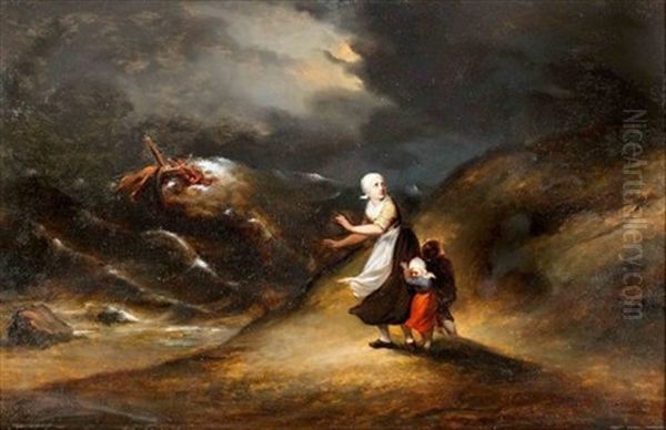 Idyllische Partie Mit Fischerfamilie Vor Der Hutte Am Strand (+ Sturmische Kustenpartie Mit Fischerboot In Seenot; 2 Works) Oil Painting by Johannes Mattheus Bogman