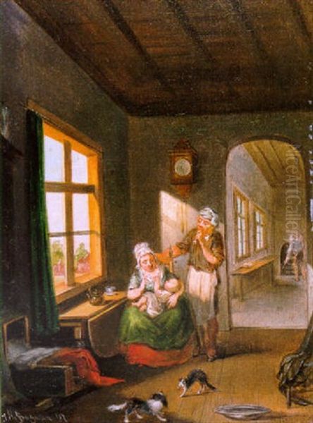 Huiselijk Tafereel Met Gezin Oil Painting by Johannes Mattheus Bogman