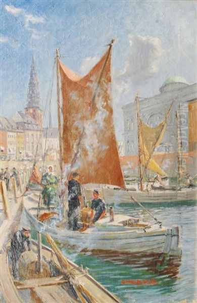 Fisherboats In The Port Of Kopenhagen Oil Painting by Christian Bogo