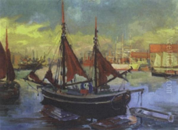 Moored Boat In A Sunlit Harbour Oil Painting by Christian Bogo