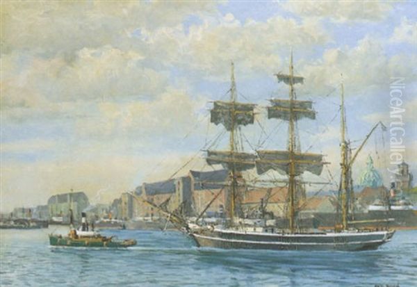 Marine Med Sejlskib Og Slaebebad Ud For Kobenhavns Havn Oil Painting by Christian Bogo