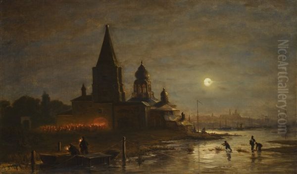 Night Procession In Yaroslavl Oil Painting by Alexei Bogoliubov