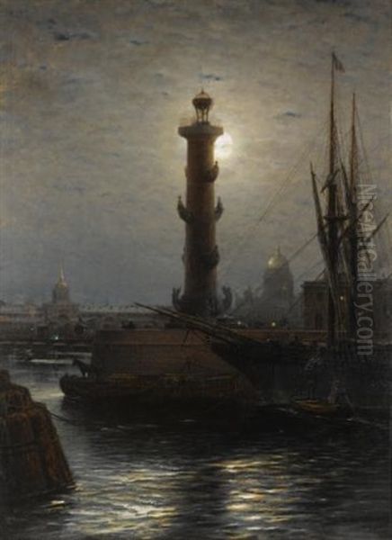 The Rostral Column Near The Stock Exchange, St Petersburg Oil Painting by Aleksei Petrovich Bogolyubov