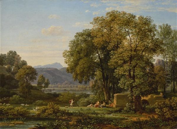 An Arcadian Landscape With Shepherds Playing Pipes, Resting On The Banks Of A Stream, With Mountains Beyond Oil Painting by Nicolas Didier Boguet