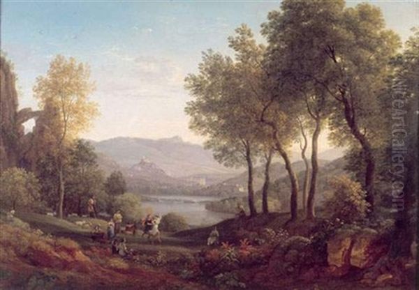 Danses Paysannes Devant Le Lac D'albano Oil Painting by Nicolas Didier Boguet