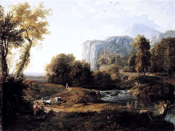 An Italianate Landscape With A Shepherd And Fishermen By A Stream Beyond Oil Painting by Nicolas Didier Boguet