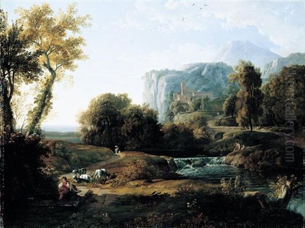 An Italianate Landscape With A Shepherd And Fishermen By A Stream Beyond Oil Painting by Nicolas Didier Boguet