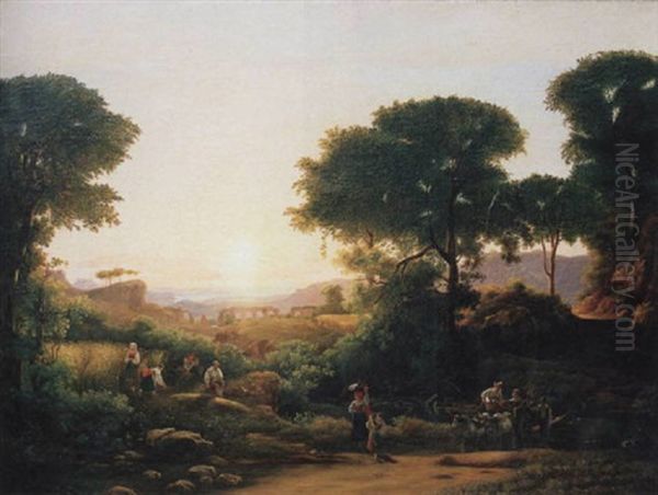 Italienische Landschaft Mit Heimkehrenden Bauern Und Aquedukt Im Mittelgrund by Nicolas Didier Boguet