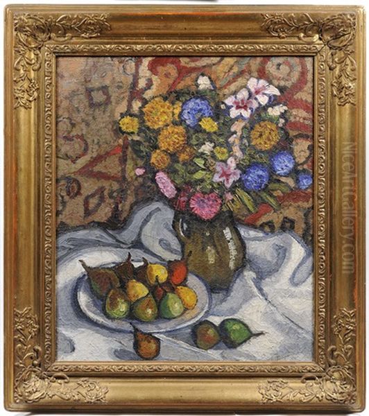 Still Life With Flowers And Pears Oil Painting by Karel Bohacek