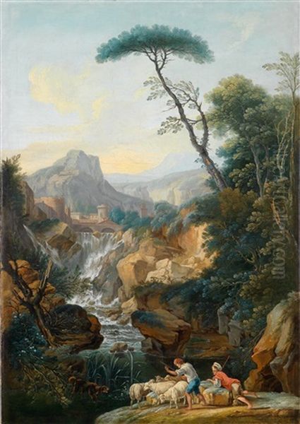 Italienische Gebirgslandschaft Mit Schafern Und Ihrer Herde, Im Hintergrund Eine Antike Stadt Oil Painting by Francois Boher