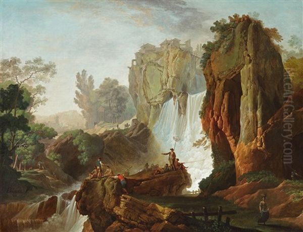 Landscape With Waterfall And Figural Staffage Oil Painting by Francois Boher