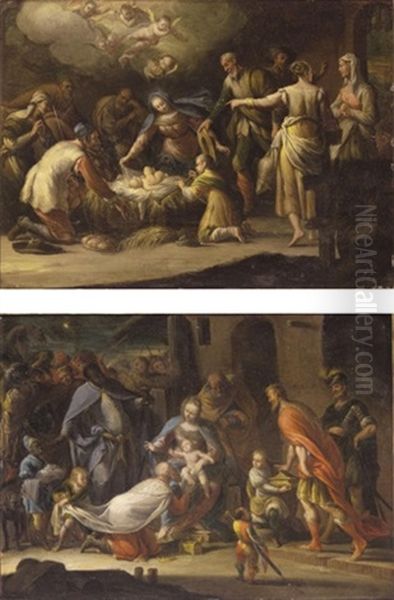 The Adoration Of The Shepherds (+ The Adoration Of The Magi; Pair) Oil Painting by Johann George Boehm the Elder