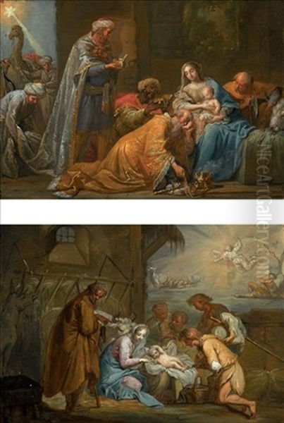 The Adoration Of The Shepherds (+ The Adoration Of The Magi; Pair) Oil Painting by Johann George Boehm the Elder