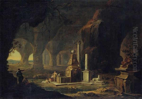 A Grotto With Figures By A Fountain Oil Painting by Johann George Boehm the Younger