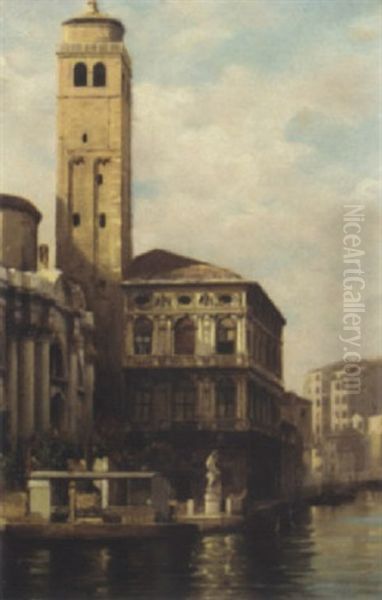 A Venetian Canal Scene And A Priest Crossing A Venetian Bridge Oil Painting by Adolf Boehm