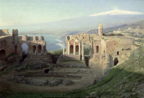 Das Antike Theater Von Taormina Mit Blick Auf Den Atna Oil Painting by Alfred Boehm