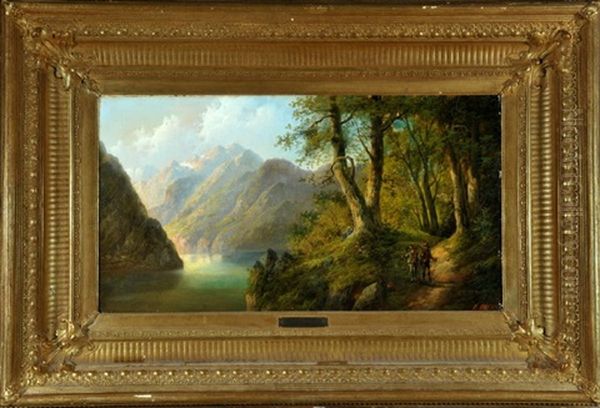 Tiroler Gebirgslandschaft Mit See Und Zwei Jagern Am Waldweg Oil Painting by Edouard Boehm