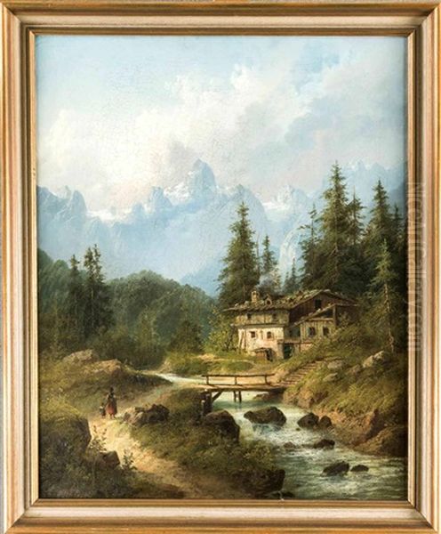 Alpine Landschaft Mit Berghof Am Wildbach U. Figurenstaffage Oil Painting by Edouard Boehm