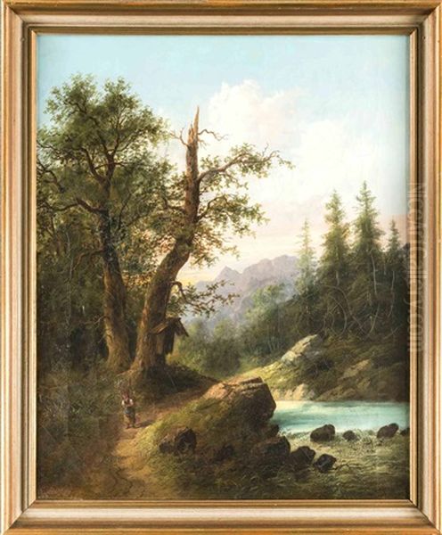 Alpine Landschaft Im Abendlicht Mit Bachlauf U. Holzsammlerin Am Bildstock Oil Painting by Edouard Boehm