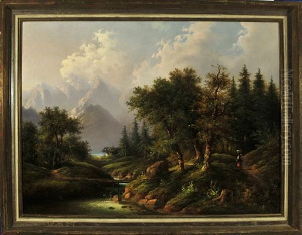 Idyllische Waldlandschaft Am Fluss Mit Blick Auf Das Dachsteingebirge Im Hintergrund Oil Painting by Edouard Boehm